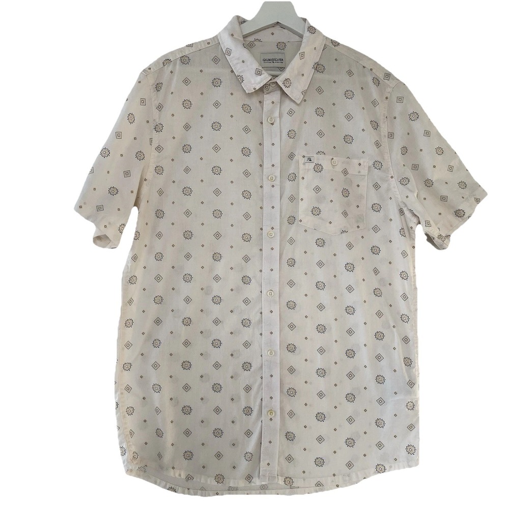 Quicksilver Men's Button-Up Shirt Medium Short Sleeve Beige Floral Geom Casual